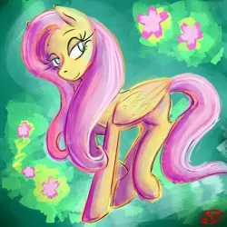 Size: 1000x1000 | Tagged: artist:ryuredwings, bedroom eyes, derpibooru import, fluttershy, folded wings, looking at you, raised hoof, safe, solo