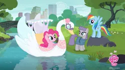 Size: 1438x810 | Tagged: safe, derpibooru import, official, maud pie, pinkie pie, rainbow dash, earth pony, pegasus, pony, swan, season 6, the gift of the maud pie, spoiler:s06, boat, corral park, facebook, female, manehattan, mare, plants, promo, river, swan boat, teaser, tree, water