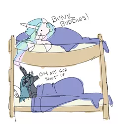 Size: 540x565 | Tagged: annoyed, artist:nobody, bed, blanket, brolestia, bunk bed, derpibooru import, dork, dorkalis, floppy ears, frown, glare, open mouth, princess celestia, queen chrysalis, safe, simple background, smiling, tired, white background