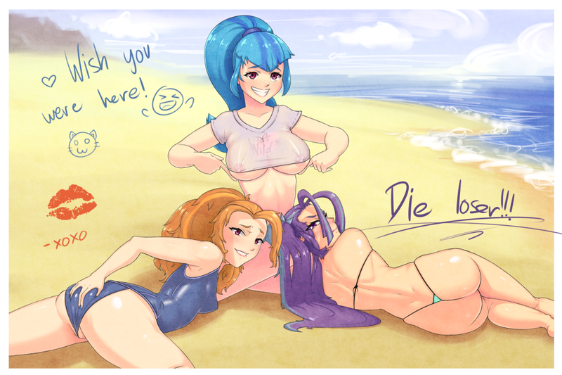 Size: 1280x853 | Tagged: adagio dazzle, aria blaze, armpits, artist:figgot, ass, beach, bikini, breasts, busty sonata dusk, clothes, derpibooru import, female, females only, grin, human, humanized, nipples, nudity, panties, postcard, questionable, sand, school swimsuit, sonata dusk, sukumizu, swimsuit, the dazzlings, thong, thong swimsuit, underwear, wedgie, wet shirt