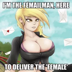 Size: 700x700 | Tagged: artist:ninjapony, big breasts, bra, breasts, busty derpy hooves, cleavage, clothes, derpibooru import, derpy hooves, edit, female, huge breasts, human, humanized, image macro, mail, meme, pun, sexy, solo, solo female, suggestive, underwear
