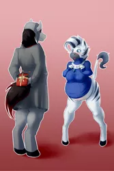 Size: 600x900 | Tagged: suggestive, artist:tyroo, derpibooru import, oc, oc:crimson storm, oc:izzabelle, unofficial characters only, anthro, unguligrade anthro, zebra, arm behind back, belly, belly button, blushing, bottomless, clothes, hat, hooves, necklace, pregnant, present, soviet, stripes, sweater, ushanka