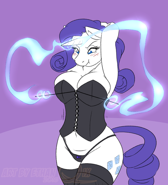 Size: 819x900 | Tagged: anthro, armpits, artist:ethanqix, belly button, blushing, bow, breasts, busty rarity, cleavage, clothes, corset, derpibooru import, female, glowing horn, lingerie, looking down, magic, panties, plump, rarity, scrunchy face, socks, solo, solo female, stockings, suggestive, underwear