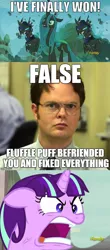 Size: 496x1124 | Tagged: alternate timeline, changeling, chrysalis resistance timeline, derpibooru import, dwight schrute, exploitable meme, fail, image macro, insane troll logic, meme, op failed at starting shit, queen chrysalis, safe, screencap, starlight glimmer