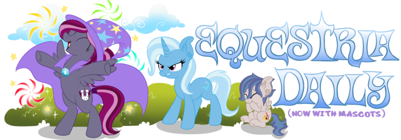 Size: 3100x1080 | Tagged: safe, derpibooru import, trixie, oc, oc:rocket tier, oc:spotlight splash, pegasus, pony, unicorn, equestria daily, accessory theft, banner, cape, clothes, cloud, colt, ear fluff, equestria daily mascots, eyes closed, female, fireworks, freckles, giggling, glare, hat, laughing, male, mare, mascot, rearing, sitting, standing, stifling laughter, tail wrap, trixie is not amused, trixie's cape, trixie's hat, unamused