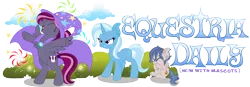 Size: 3100x1080 | Tagged: safe, derpibooru import, trixie, oc, oc:rocket tier, oc:spotlight splash, pegasus, pony, unicorn, equestria daily, accessory theft, banner, cape, clothes, cloud, colt, ear fluff, equestria daily mascots, eyes closed, female, fireworks, freckles, giggling, glare, hat, laughing, male, mare, mascot, rearing, sitting, standing, stifling laughter, tail wrap, trixie is not amused, trixie's cape, trixie's hat, unamused