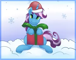 Size: 4400x3458 | Tagged: safe, artist:viwrastupr, derpibooru import, oc, oc:gyro tech, unofficial characters only, unicorn, christmas, cute, hat, present, santa hat, snow, snowfall, snowflake
