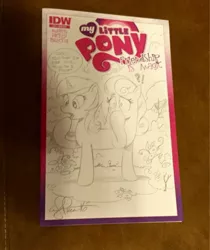 Size: 1008x1200 | Tagged: safe, artist:andypriceart, derpibooru import, bon bon, lyra heartstrings, sweetie drops, earth pony, pony, unicorn, andy price, andy you magnificent bastard, comic, cover, drawing, female, fusion, lyrabon (fusion), mare, monochrome, pencil drawing, photo, traditional art, what has magic done