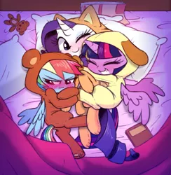 Size: 979x1005 | Tagged: safe, artist:raridashdoodles, derpibooru import, rainbow dash, rarity, twilight sparkle, twilight sparkle (alicorn), alicorn, pegasus, pony, unicorn, animal costume, bed, blanket, blushing, book, chibi, clothes, costume, cuddle puddle, cuddling, cute, dashabetes, eyes closed, female, footed sleeper, frown, glare, grin, hug, kigurumi, lesbian, mare, ot3, pajamas, pillow, polyamory, pony pile, rainbow dash always dresses in style, raribetes, raricat, raridash, rarilight, raritwidash, shipping, side, smiling, snuggling, sweet dreams fuel, teddy bear, tsunderainbow, tsundere, twiabetes, twidash, wavy mouth, weapons-grade cute, wink