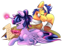 Size: 1400x1050 | Tagged: safe, artist:dragonfoxgirl, derpibooru import, flash sentry, twilight sparkle, twilight sparkle (alicorn), alicorn, pony, alternate hairstyle, bandage, blood, female, flashlight, hair bun, injured, magic, male, mare, shipping, simple background, straight, transparent background