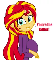 Size: 912x1010 | Tagged: safe, derpibooru import, edit, sunset shimmer, equestria girls, background pony strikes again, belly, looking at you, looking back, maury povich, pregnant, pregnant edit, why, you're the father