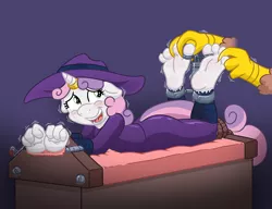 Size: 1000x766 | Tagged: suggestive, artist:caroo, derpibooru import, sweetie belle, anthro, gryphon, plantigrade anthro, ankle cuffs, barefoot, blushing, bondage, bondage cuffs, bondage furniture, bondage gear, crying, cuffs, feet, horn ring, image, laughing, magic suppression, png, soles, stocks, sweetie do well, sweetiesub, tears of laughter, tickle torture, tickling, toe tied, toes