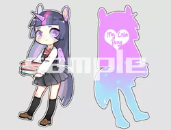 Size: 500x380 | Tagged: artist:kura, book, clothes, derpibooru import, eared humanization, horned humanization, human, humanized, kneesocks, looking at you, safe, schoolgirl, simple background, socks, solo, tailed humanization, twilight sparkle, watermark, winged humanization