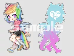 Size: 500x380 | Tagged: artist:kura, clothes, derpibooru import, eared humanization, hoodie, human, humanized, looking at you, looking back, rainbow dash, safe, shorts, simple background, solo, tailed humanization, watermark, winged humanization