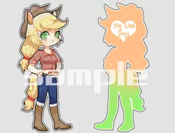 Size: 500x380 | Tagged: applejack, artist:kura, boots, clothes, derpibooru import, eared humanization, hand on hip, hat, human, humanized, jeans, looking at you, pants, safe, simple background, solo, tailed humanization, watermark