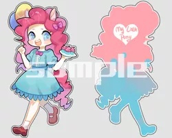 Size: 500x400 | Tagged: artist:kura, balloon, clothes, cupcake, derpibooru import, dress, eared humanization, food, hair bow, human, humanized, looking at you, pinkie pie, safe, simple background, solo, tailed humanization, watermark