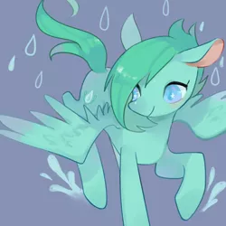 Size: 1280x1280 | Tagged: safe, artist:kura, derpibooru import, oc, unofficial characters only, pegasus, pony, green pony, looking back, rain, simple background, solo, splashing, starry eyes