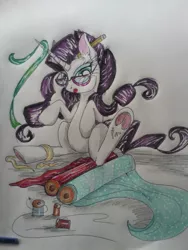 Size: 1024x1365 | Tagged: artist:penkatshi, derpibooru import, rarity, ribbon, safe, sketch, solo, traditional art, underhoof