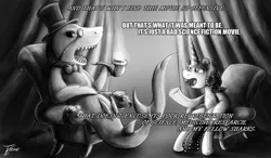 Size: 1250x731 | Tagged: artist:jamescorck, deep blue sea, derpibooru import, hat, monochrome, monocle, monocle and top hat, oc, oc:movie slate, pipe, safe, shark, smoking, top hat, unofficial characters only