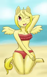 Size: 462x762 | Tagged: alicorn, alicorn oc, anthro, armpits, artist:riisuu, beach, bikini, breasts, clothes, derpibooru import, kneeling, oc, oc:solar swirl, solo, suggestive, swimsuit, unofficial characters only