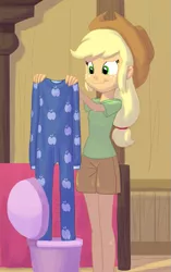 Size: 513x817 | Tagged: safe, artist:carnifex, derpibooru import, applejack, equestria girls, clothes, commission, cowboy hat, footed sleeper, freckles, hat, onesie, pajamas, smiling, solo