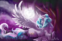 Size: 1470x974 | Tagged: artist:pixieartz, crepuscular rays, derpibooru import, eyes closed, mare in the moon, moon, night, princess celestia, safe, side, solo, tree