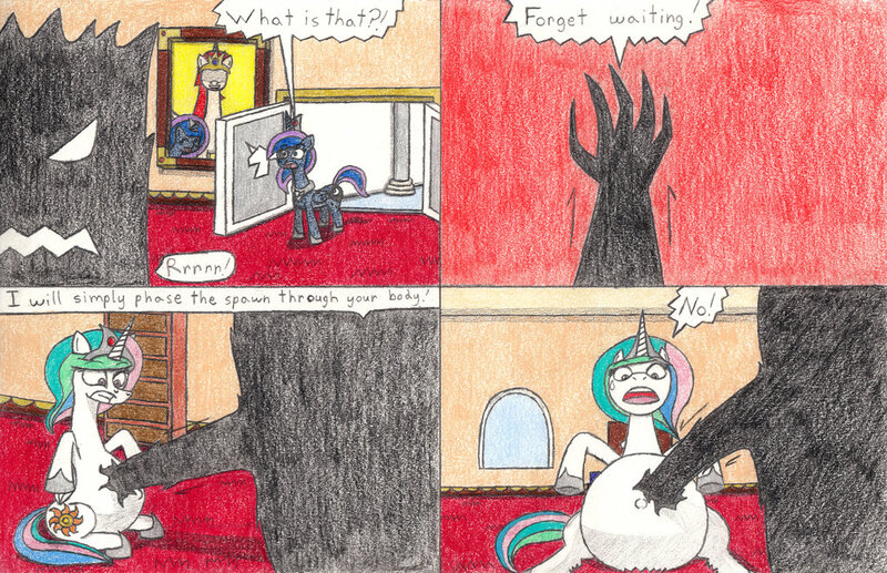 Size: 1024x662 | Tagged: artist:eternaljonathan, belly, comic, comic:a new twist, derpibooru import, pregnant, princess celestia, princess luna, safe, shadow creature, traditional art