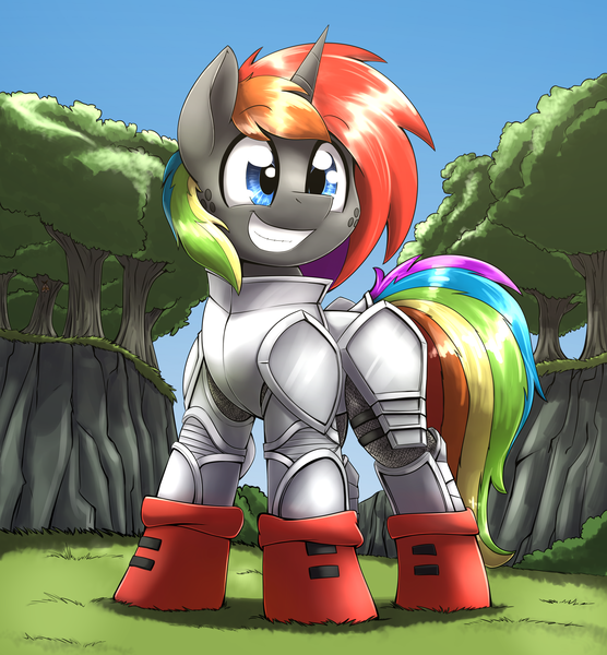 Size: 2624x2831 | Tagged: safe, artist:otakuap, derpibooru import, oc, oc:fluffy the bringer of darkness, oc:krylone, unofficial characters only, moth, pony, unicorn, armor, freckles, grin, male, solo, stallion