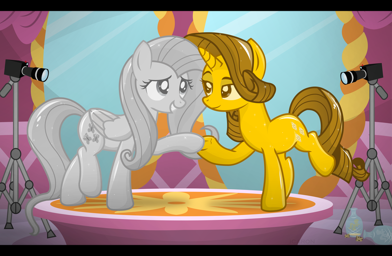 Size: 7100x4640 | Tagged: safe, artist:icaron, derpibooru import, fluttershy, rarity, absurd resolution, camera, carousel boutique, female, flarity, gold, inanimate object, inanimate tf, lesbian, petrification, potion, shipping, show accurate, silver, statue, transformation