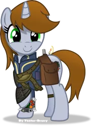 Size: 3122x4290 | Tagged: safe, artist:vector-brony, derpibooru import, oc, oc:littlepip, unofficial characters only, pony, unicorn, fallout equestria, fanfic, clothes, cute, fanfic art, female, gun, handgun, hooves, horn, little macintosh, mare, optical sight, pipabetes, pipboy, pipbuck, raised hoof, revolver, saddle bag, simple background, smiling, solo, transparent background, vault suit, vector, weapon