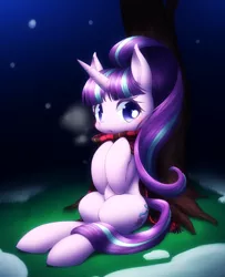 Size: 794x979 | Tagged: safe, artist:hashioaryut, derpibooru import, starlight glimmer, pony, unicorn, :o, clothes, cold, cute, female, glimmerbetes, grass, looking at you, mare, pixiv, scarf, sitting, snow, snowfall, solo, tree, under the tree