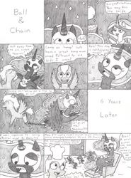 Size: 770x1038 | Tagged: arranged marriage, artist:eternaljonathan, black and white, chains, comedy, comic, derpibooru import, grayscale, horn ring, humor, magic suppression, marriage, nightmare moon, oc, pregnant, princess celestia, safe, traditional art, wedding ring