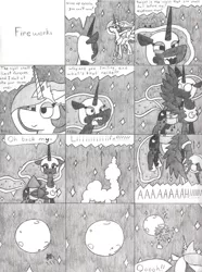 Size: 772x1035 | Tagged: safe, artist:eternaljonathan, derpibooru import, nightmare moon, princess celestia, alicorn, pony, black and white, comedy, comic, explosion, female, fireworks, grayscale, humor, mare, moon, traditional art, wide eyes