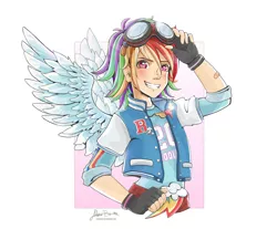 Size: 1024x849 | Tagged: 20% cooler, artist:viviennecorner, bandaid, belt buckle, clothes, cutie mark, dead source, derpibooru import, element of loyalty, fingerless gloves, gloves, goggles, grin, human, humanized, jacket, letterman jacket, pin, rainbow dash, safe, simple background, solo, white background, winged humanization