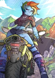 Size: 2893x4092 | Tagged: alternate hairstyle, anthro, armor, artist:nxyde, ass, bandaid, biker dash, boots, clothes, crepuscular rays, daisy dukes, derpibooru import, ear piercing, earring, female, freckles, jewelry, knee pads, looking back, motorcycle, mountain, no tail, panties, piercing, rainbow dash, rainbutt dash, scenery, shorts, solo, solo female, suggestive, thong, underwear, whale tail