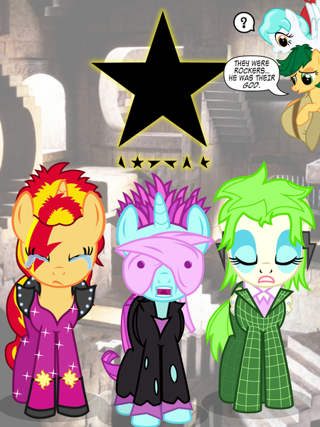 Size: 1200x1600 | Tagged: safe, artist:violetclm, derpibooru import, cherry crash, drama letter, mystery mint, paisley, sunset shimmer, sweet leaf, watermelody, ponified, pony, equestria girls, alternate hairstyle, background human, blackstar, clothes, crying, david bowie, equestria girls ponified, labyrinth, rest in peace, shimmer six, suit