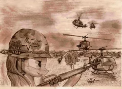 Size: 1280x930 | Tagged: artist:novich, derpibooru import, gun, helicopter, helmet, military, oc, safe, sketch, traditional art, uh-1 iroquois, unofficial characters only, vietnam, vietnam war, weapon