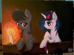 Size: 1005x749 | Tagged: safe, artist:novich, derpibooru import, octavia melody, vinyl scratch, candle, canvas, female, lesbian, scratchtavia, shipping, traditional art