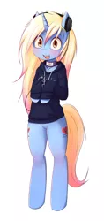 Size: 900x1900 | Tagged: safe, artist:apony, derpibooru import, oc, oc:angelic grace, unofficial characters only, pony, semi-anthro, unicorn, bipedal, clothes, collar, featureless crotch, female, headphones, hoodie, simple background, solo, white background