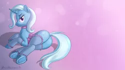 Size: 1920x1080 | Tagged: suggestive, artist:brianblackberry, derpibooru import, trixie, pony, unicorn, bedroom eyes, clothes, corset, dock, female, looking at you, looking back, mare, plot, pouting, socks, solo, solo female, stockings, thigh highs, underhoof, wallpaper