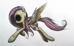 Size: 1236x770 | Tagged: artist:xxpinkamena-piexx, derpibooru import, fluttershy, no eyes, profile, running, semi-grimdark, solo, spread wings, traditional art, trypophobia