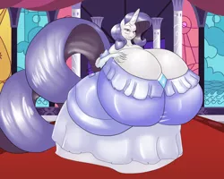 Size: 3000x2400 | Tagged: suggestive, artist:blues64, artist:marauder6272, color edit, derpibooru import, edit, rarity, anthro, air nozzle, ass, big breasts, blushing, breasts, busty rarity, cleavage, clothes, colored, dress, female, gem, gloves, gown, horn, huge breasts, huge butt, huge tail, impossibly large breasts, impossibly large butt, inflatable, inflatable anthro mare, inflation, large butt, lips, mane, rubberquestria, solo, solo female, story included, tail