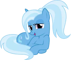 Size: 1807x1537 | Tagged: safe, artist:badumsquish, derpibooru import, trixie, pony, unicorn, alternate hairstyle, badumsquish is trying to murder us, bedroom eyes, cute, diatrixes, female, happy, looking at you, mare, open mouth, ponytail, prone, simple background, smiling, solo