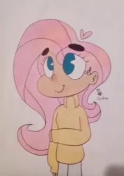 Size: 913x1290 | Tagged: artist:thalamanders, clothes, color correction, derpibooru import, fluttershy, human, humanized, safe, simple background, solo, sweater, sweatershy, traditional art, turtleneck