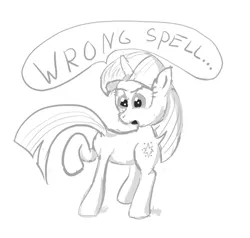 Size: 500x476 | Tagged: safe, artist:xbi, derpibooru import, twilight sparkle, pony, body part swap, dialogue, head swap, looking back, open mouth, raised hoof, simple background, sketch, solo, spell gone wrong, tail swap, wat, what has magic done, white background
