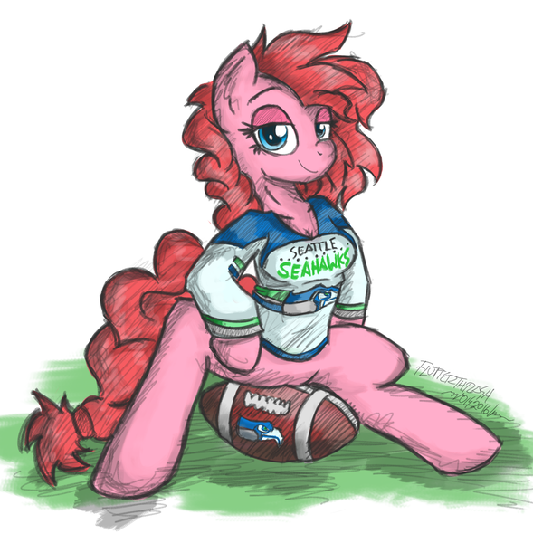 Size: 1677x1709 | Tagged: safe, artist:flutterthrash, derpibooru import, oc, oc:cherryfiller, unofficial characters only, anthro, earth pony, american football, anatomically incorrect, arm hooves, bottomless, breasts, cleavage, clothes, female, incorrect leg anatomy, jersey, lidded eyes, looking at you, mare, messy mane, nfl, seattle seahawks, simple background, sitting, smiling, smirk, solo, white background