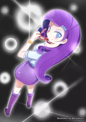 Size: 1179x1667 | Tagged: safe, artist:banzatou, derpibooru import, rarity, human, equestria girls, blushing, boots, clothes, cute, female, glasses, humanized, looking at you, looking back, looking back at you, raribetes, shoes, skirt, smiling, solo