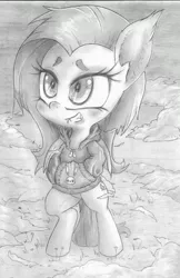 Size: 2176x3360 | Tagged: safe, artist:cross_ornstein, derpibooru import, fluttershy, bat pony, pony, bedroom eyes, bipedal, blushing, chibi, clothes, cute, fluffy, flutterbat, fog, grin, hoodie, monochrome, pencil drawing, smiling, solo, traditional art