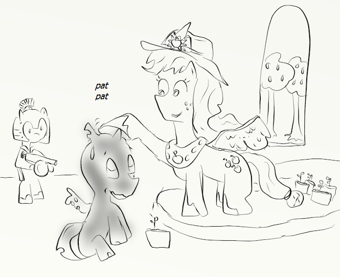 Size: 695x566 | Tagged: safe, derpibooru import, applejack, changeling, nymph, pegasus, pony, bipedal, empty eyes, eye contact, female, frown, gun, hoof hold, looking at each other, machine gun, male, mare, monochrome, nervous, no pupils, petting, potted plant, race swap, rifle, royal guard, spread wings, stallion, sweat, sweatdrop, wat, wavy mouth, weapon, window, wings