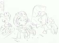 Size: 768x560 | Tagged: derpibooru import, food fight, mess, monochrome, pinkie pie, rainbow dash, rarity, safe